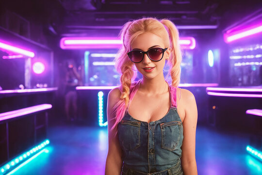 Beautiful blonde girl in a top and shorts and sunglasses at a party in a nightclub dances relaxing and having fun under neon multicolored light. Generative AI