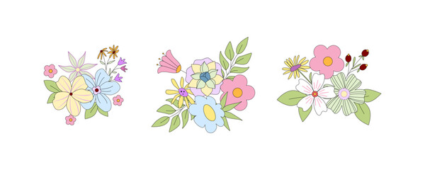 Set of pretty retro groovy floral bouquets. Floral vintage composition. Great for wedding and birthday invitations, posters, banners, flyers, cards, scrapbooking. Template. Nostalgia.