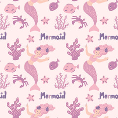 Seamless childish pattern with cute mermaids. Creative kids texture for fabric, wrapping, textile, wallpaper, apparel. Vector illustration