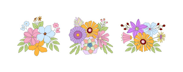 Set of pretty retro groovy floral bouquets. Great for wedding and birthday invitations, posters, banners, flyers, cards, scrapbooking. composition and arrangement template. Nostalgia vintage.