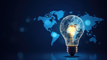 Abstract illustration incandescent light bulb on world map in blue color on dark blue background, representing concept of global restructuring, energy crisis, blackout. Banner with copy space. 