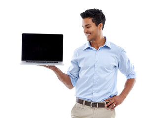 Isolated businessman, blank laptop screen and smile with mockup space by transparent png...