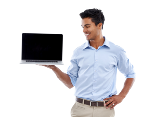 Isolated businessman, blank laptop screen and smile with mockup space by transparent png background. Indian business man, computer and show screen with mock up, tech and promotion with web design job
