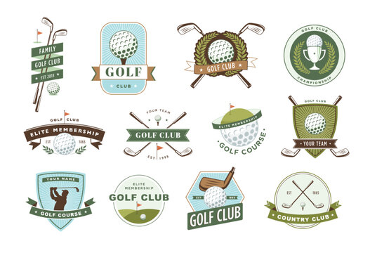 Golf emblem. Club and ball sport game tournament label, course badge and cup hole with pin flagstick vector illustration set
