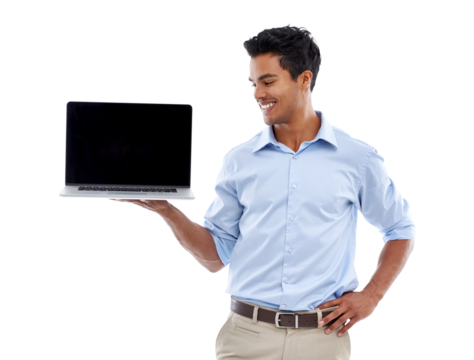 Isolated businessman, blank laptop screen and smile with mockup space by transparent png background. Indian business man, computer and show screen with mock up, tech and promotion with web design job
