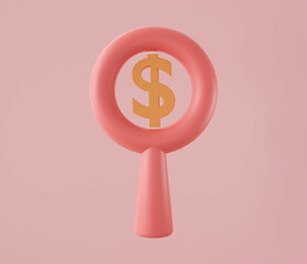 Red magnifying glass with golden dollar coin on pink background.Symbol of goals in investing.savings and business.money management.Saving and money growth concept.3D render,Illustration.