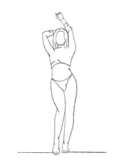 Continuous one line drawing of beautiful girl in swimsuit illustration. Vector illustration.