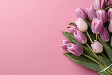 Beautiful bouquet of pink tulip flowers on pink background. Space for text. AI Generative