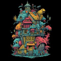 Monster House. Cartoon magic monster house in the Kaiju style. Illustration for t-shirt, gifts, greeting card and other promo materials. Generative AI