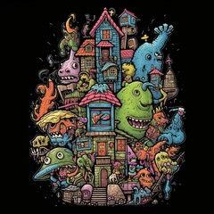 Monster House. Cartoon magic monster house in the Kaiju style. Illustration for t-shirt, gifts, greeting card and other promo materials. Generative AI