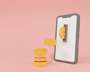 Coin dollar and smartphone screen on  pink background.mobile banking icon.money and financial concepts.Cash back and digital banking concept.Mobile payment.mobile application.3D render,Illustration.