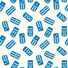 Classic Dominoes. Board Game Vector Seamless Pattern for Kids. Blue Background with Scattered Domino Stones. Blue background, games, fun, entertainment, funny time.