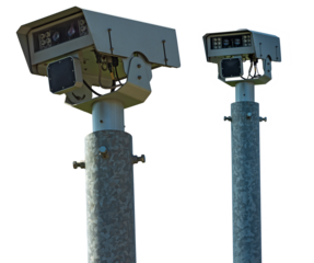 Close-up of a modern speed camera (traffic speed monitoring camera). Isolated on white or transparent background, photography. Png.