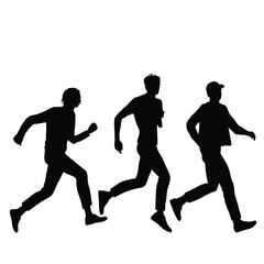 Fototapeta na wymiar Vector silhouettes of three men running, businessmen, profile, black color, isolated on white background