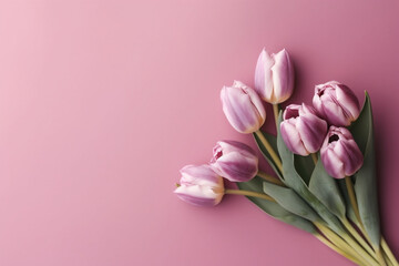Beautiful bouquet of pink tulip flowers on pink background. Space for text. AI Generative