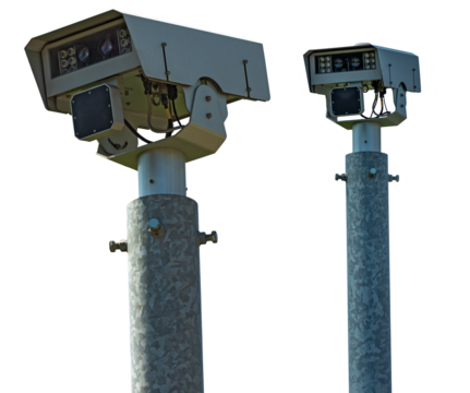 Close-up of a modern speed camera (traffic speed monitoring camera). Isolated on white or transparent background, photography. Png.