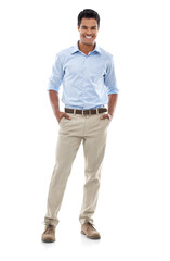 Fototapeta premium Portrait, accountant and man with hands in pocket isolated on a transparent png background. Confidence, professional auditor or happy entrepreneur from Brazil with pride for corporate business career
