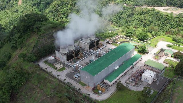 Thermal power plant on the volcano filming from a drone