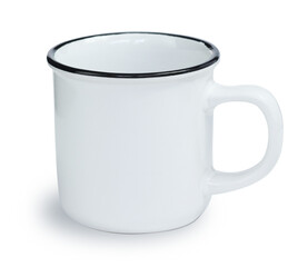 White blank enamel mug isolated on white background.