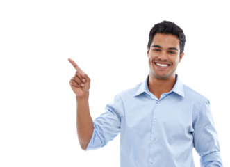 Happy portrait, business man and pointing to presentation for news, information and worker announcement or advice. Offer, advertising and face of Mexican person isolated on transparent png background