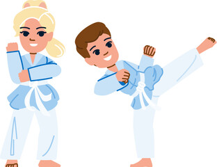 karate kid vector. belt attack, boy activity, black kick, martial judo, arts athlete karate kid character. people flat cartoon illustration