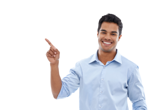 Happy portrait, business man and pointing to presentation for news, information and worker announcement or advice. Offer, advertising and face of Mexican person isolated on transparent png background