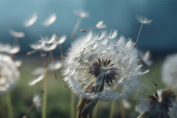 Delicate dandelion petals blowing in the wind in a beautiful meadow - a symbol of carefree summer days. AI Generative.