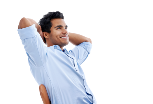 Relax, success and businessman with finished work or project with his hands behind his head. Happy, confidence and professional male person stretching his arms isolated by transparent png background.