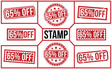 65% Off stamp red rubber stamp on white background. 65% Off stamp sign. 65% Off stamp SET.