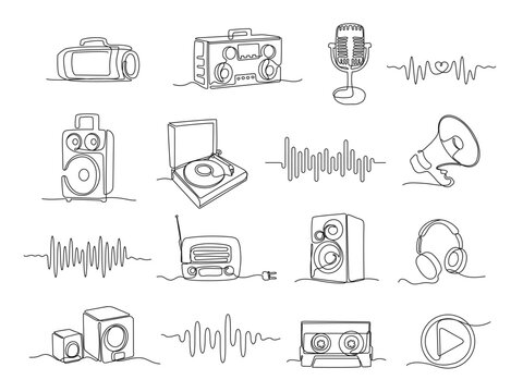 Continuous one line sound illustrations. Linear sound wave, audio players and speakers for music listening vector set