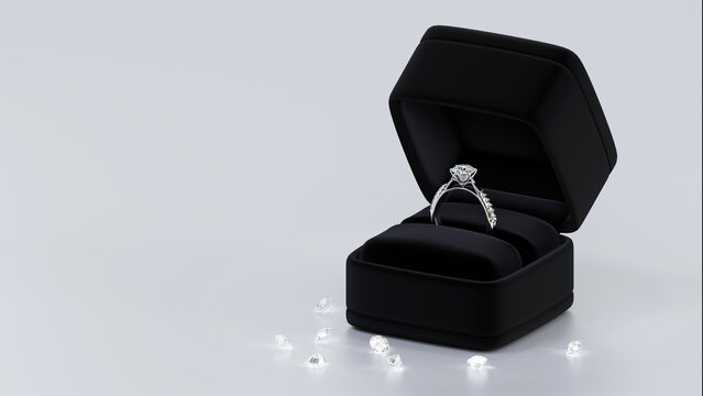 A platinum diamond ring with a 3D render design in a black jewelry box on a white background, matching the concept of a jewelry shop atmosphere.