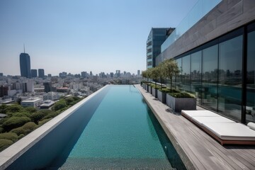 City skyline with infinity pool