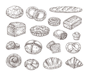 Sketch bakery food. Hand drawn bread, sweet pastry and desserts for food packaging designs. Baked goods vector illustration set