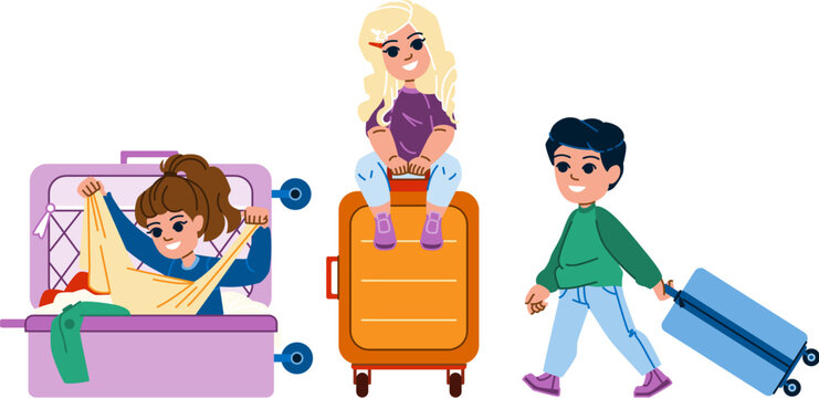 kid suitcase vector. child travel, dream happy, girl boy, fun pilot, aviator childhood kid suitcase character. people flat cartoon illustration