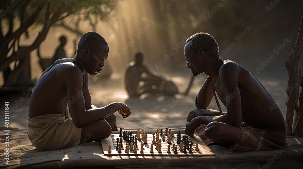 Wall mural Two African men playing a game of chess in the sun. Generative AI.