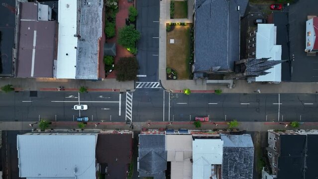 Overhead view of downtown Milton, Pennsylvania with drone video looking down stable.