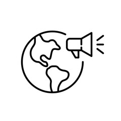 International news coverage. Earth and megaphone. Pixel perfect, editable stroke icon