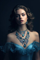 portrait of a woman in a blue dress and wearing blue gemstone, spinel, aquamarine, topaz, sapphire necklace. Generative AI image.