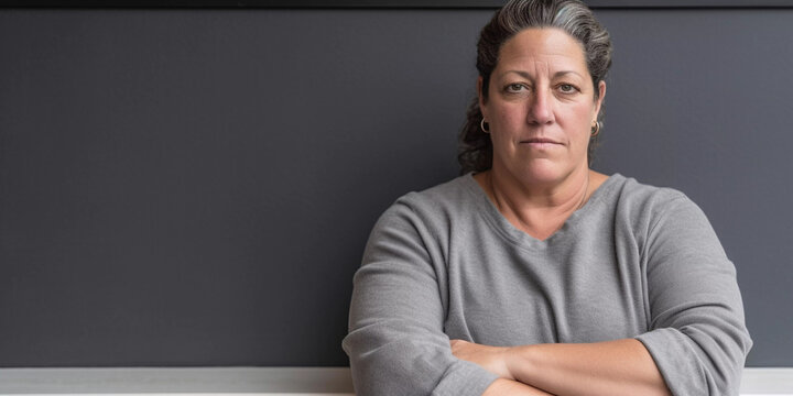 Lifestyle portrait of serious and authoritative woman with blank gray wall background, Generative AI