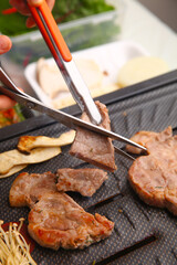 grilled pork belly BBQ, moksal korean cuisine. pork shoulder, 목살, 한국음식, 돼지고기,삼겹살,날것,누끼,돼지고기,사람없음,삼겹살,신선,실내,요리,육류,음식,음식재료,조각