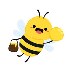 Cute friendly bee. Cartoon happy flying. Insect character. Vector isolated on white background.