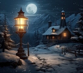 Christmas candle Lantern in winter garden, snowy evening landscape. christmas holiday background. atmosphere festive winter still life