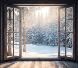 View through the window of a cottage into a snow-covered winter forest. Created with Generative AI technology.