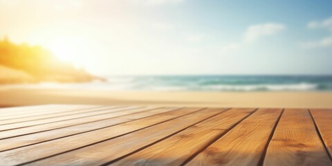 wooden table yacht , ship, harbour blur background with generative ai