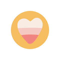Retro vintage pink striped heart in yellow circle isolated on white background. Vintage patch, highlighter for stories, cute love emblem.