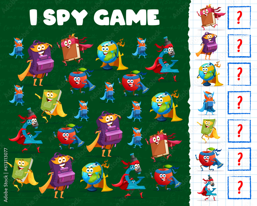 Wall mural I spy game worksheet cartoon stationery superhero characters. Kids vector game with educational textbook, rucksack, globe and eraser, notebook, apple or microscope student supplies, puzzle riddle page