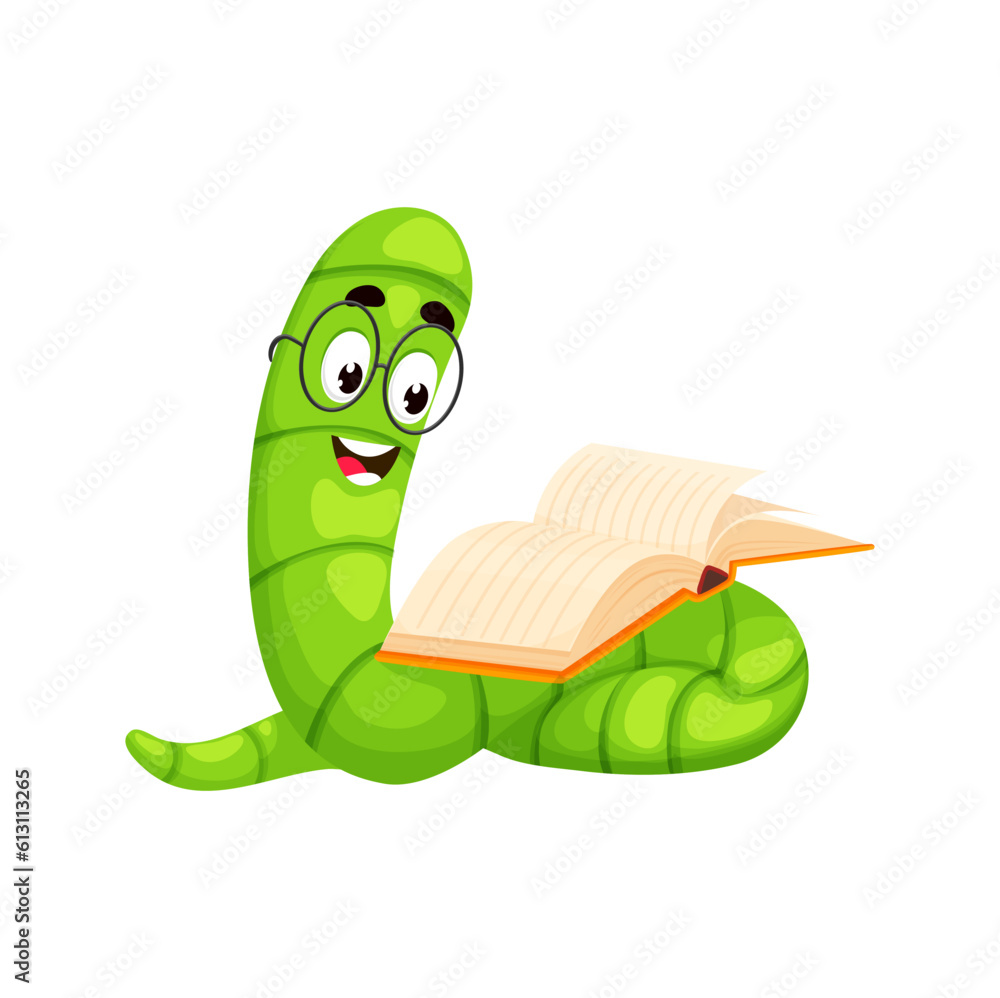 Poster cartoon bookworm character, book worm animal. isolated vector cute green bug is engrossed in reading