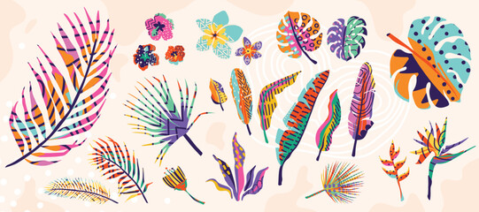 Tropical leaves, flowers vector background set. Exotic floral, plant