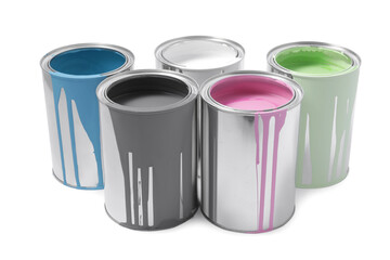 Cans of colorful paints isolated on white