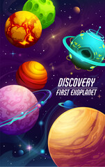 Fototapeta premium Cartoon galaxy space planets poster. Galaxy discovery, universe flight or cosmos research vector leaflet. Outerspace adventure banner with fantasy planets, alien artificial satellite or starship